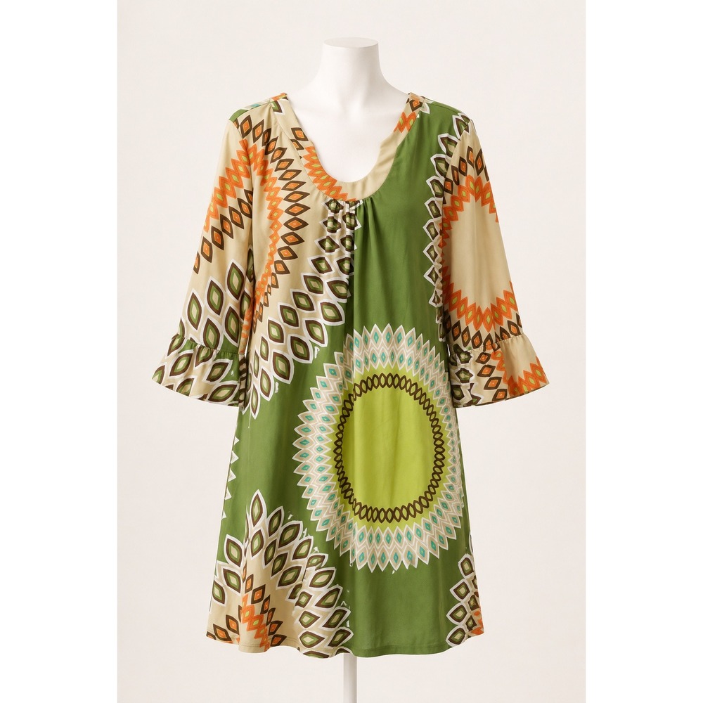 Aryeh Green Geometric Medallion Print Tunic Dress Ruffle Sleeve Large